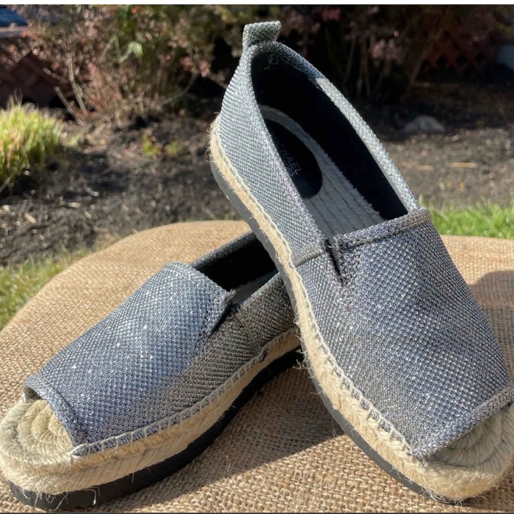 Michael Kors Sparkly Silver Peep Toe Espadrilles 6.5 M